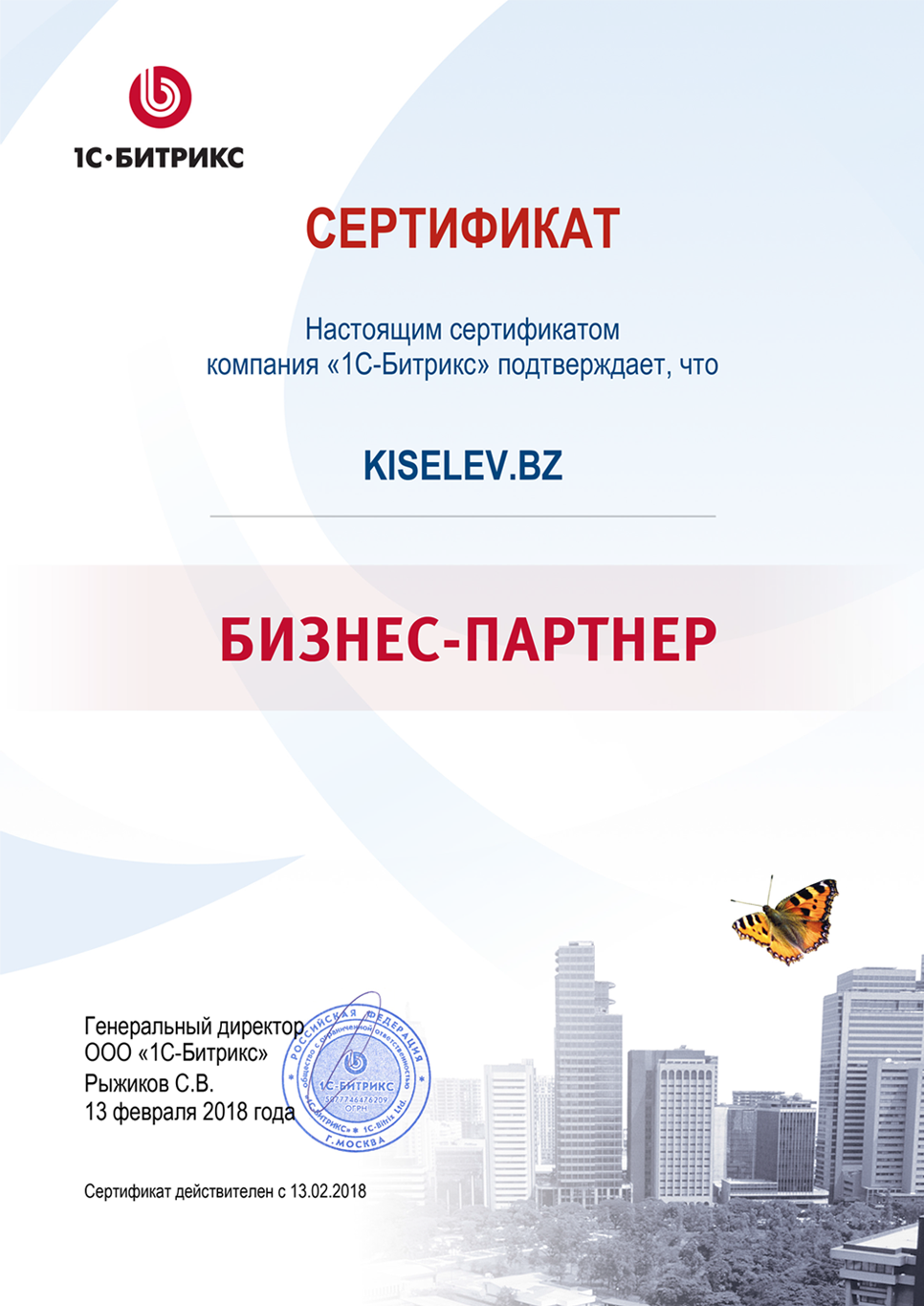 Сертификат партнёра по СРМ системам в Зеленокумске